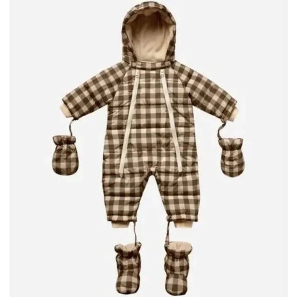 NWT Rylee and Cru Puffer Snowsuit 3-6M in Charcoal Check - Picture 1 of 7